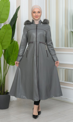 Damen Winter Leder Trenchcoat mit Fellfutter und Kapuze im Glocken-Schnitt 1344 - Grau