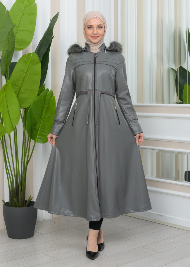 Furry Hooded Faux Leather Short Trench Coat with Tunnel Waist 1344 Gri