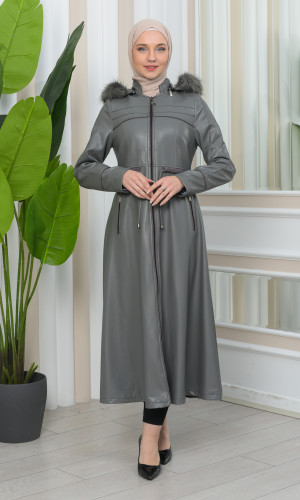 Damen Winter Leder Trenchcoat mit Fellfutter und Kapuze im Glocken-Schnitt 1344 - Grau