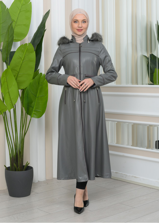 Furry Hooded Faux Leather Short Trench Coat with Tunnel Waist 1344 Gri