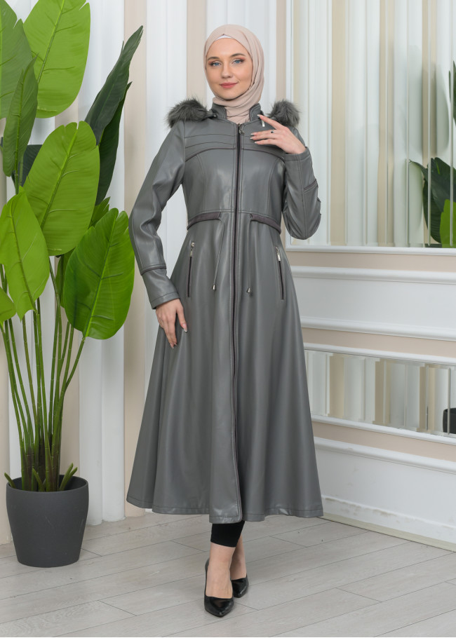 Furry Hooded Faux Leather Short Trench Coat with Tunnel Waist 1344 Gri