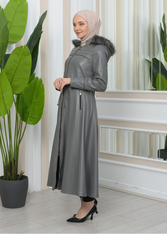 Furry Hooded Faux Leather Short Trench Coat with Tunnel Waist 1344 Gri