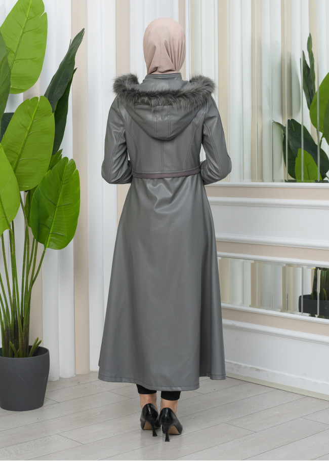 Furry Hooded Faux Leather Short Trench Coat with Tunnel Waist 1344 Gri