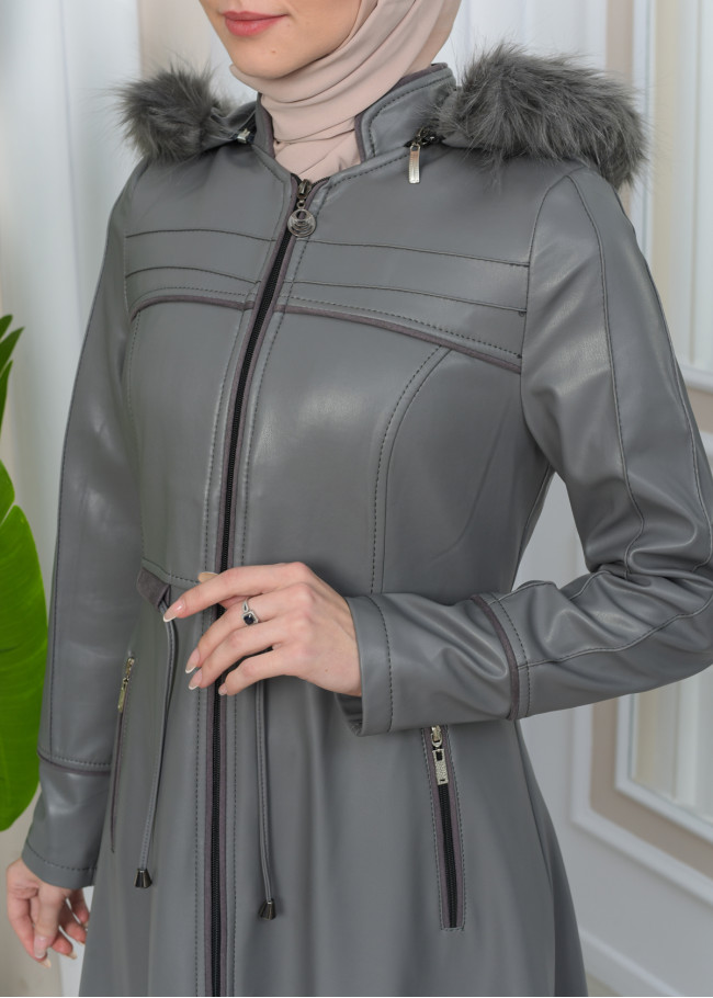 Furry Hooded Faux Leather Short Trench Coat with Tunnel Waist 1344 Gri