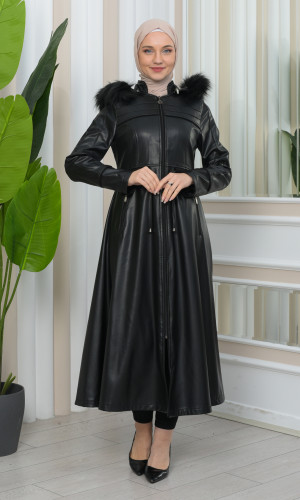 ترانشكوت جلد نسائي قصير مع طاقية فرو 1344 - اسود