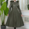 Furry Hooded Faux Leather Short Trench Coat with Tunnel Waist 1344 Haki