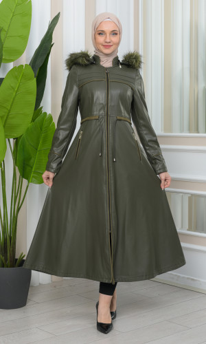 ترانشكوت جلد نسائي قصير مع طاقية فرو 1344 - زيتي