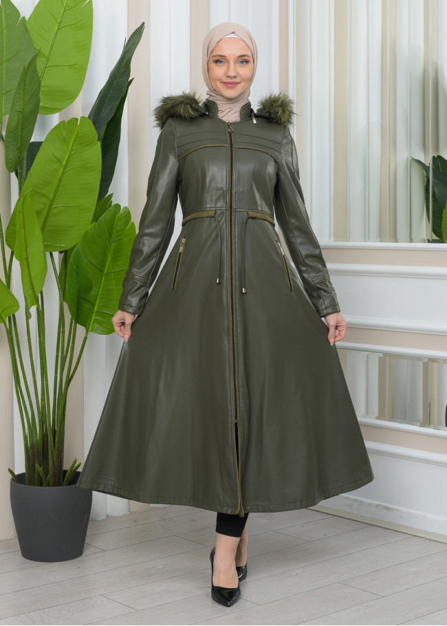Furry Hooded Faux Leather Short Trench Coat with Tunnel Waist 1344 Haki