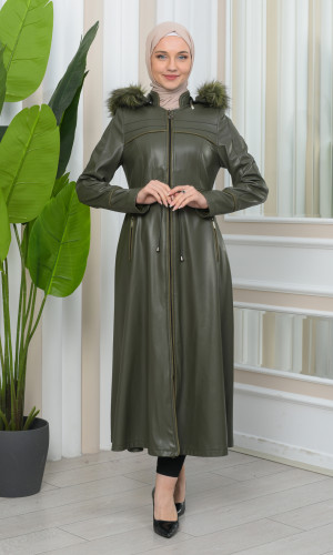 ترانشكوت جلد نسائي قصير مع طاقية فرو 1344 - زيتي