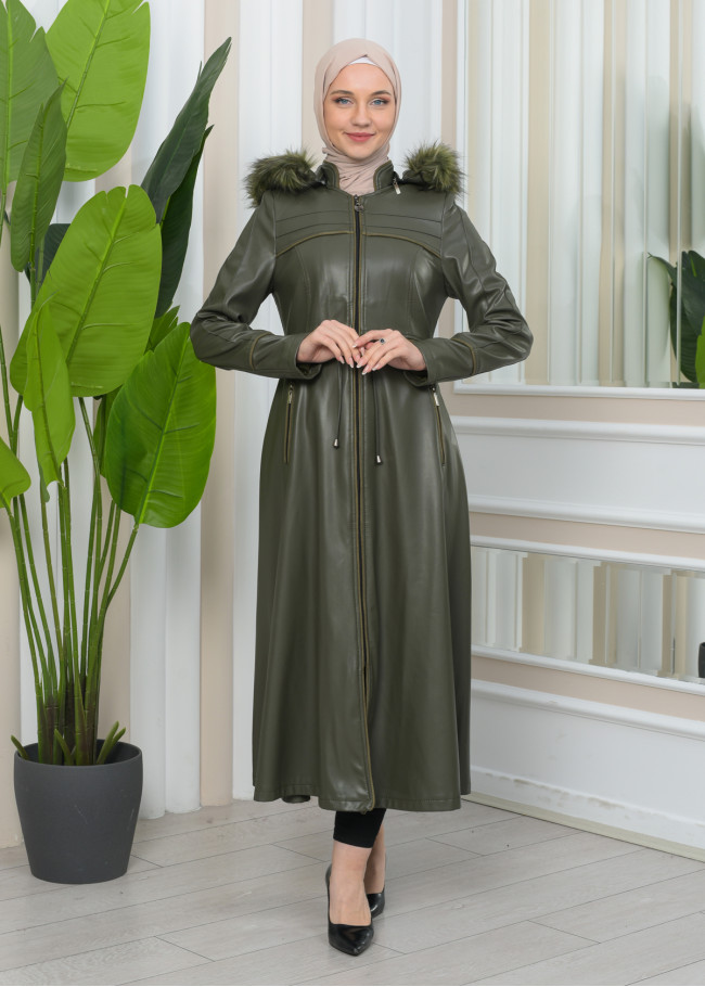 Furry Hooded Faux Leather Short Trench Coat with Tunnel Waist 1344 Haki