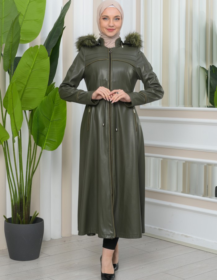 Furry Hooded Faux Leather Short Trench Coat with Tunnel Waist 1344 Haki