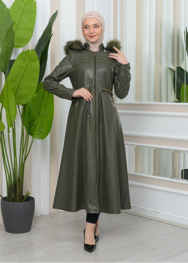 Furry Hooded Faux Leather Short Trench Coat with Tunnel Waist 1344 Haki