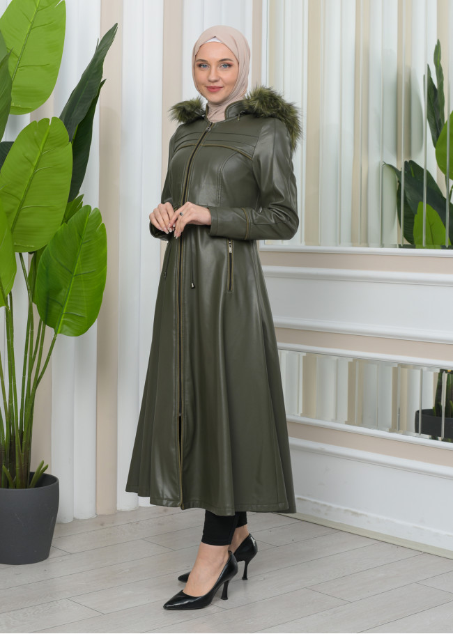Furry Hooded Faux Leather Short Trench Coat with Tunnel Waist 1344 Haki