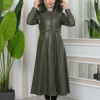 Furry Hooded Faux Leather Short Trench Coat with Tunnel Waist 1344 Haki