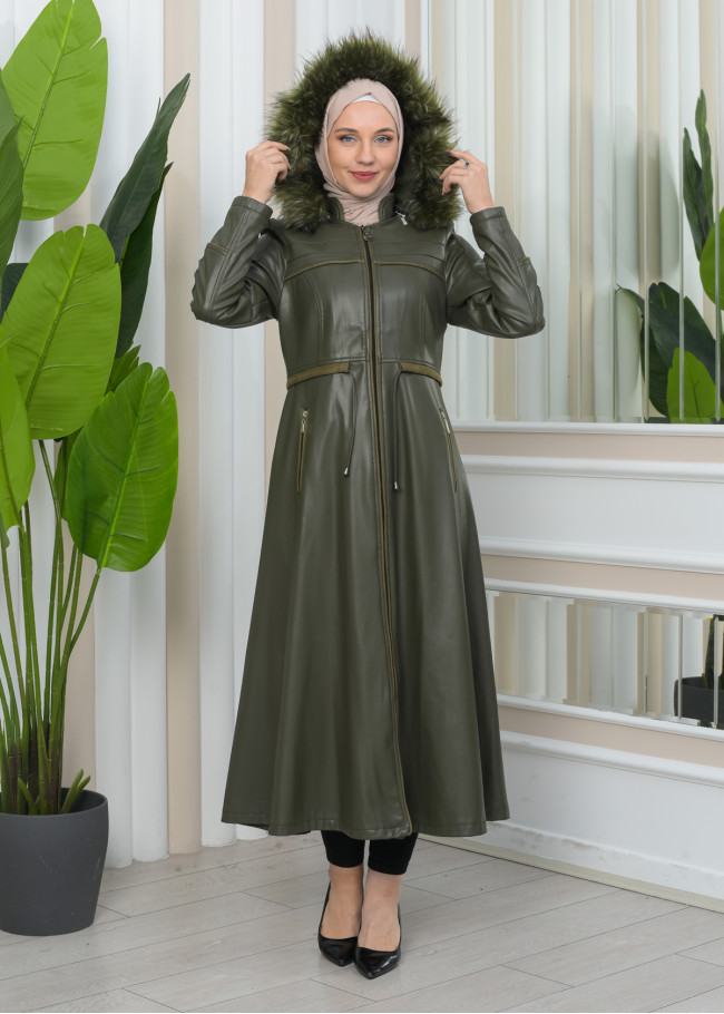 Furry Hooded Faux Leather Short Trench Coat with Tunnel Waist 1344 Haki