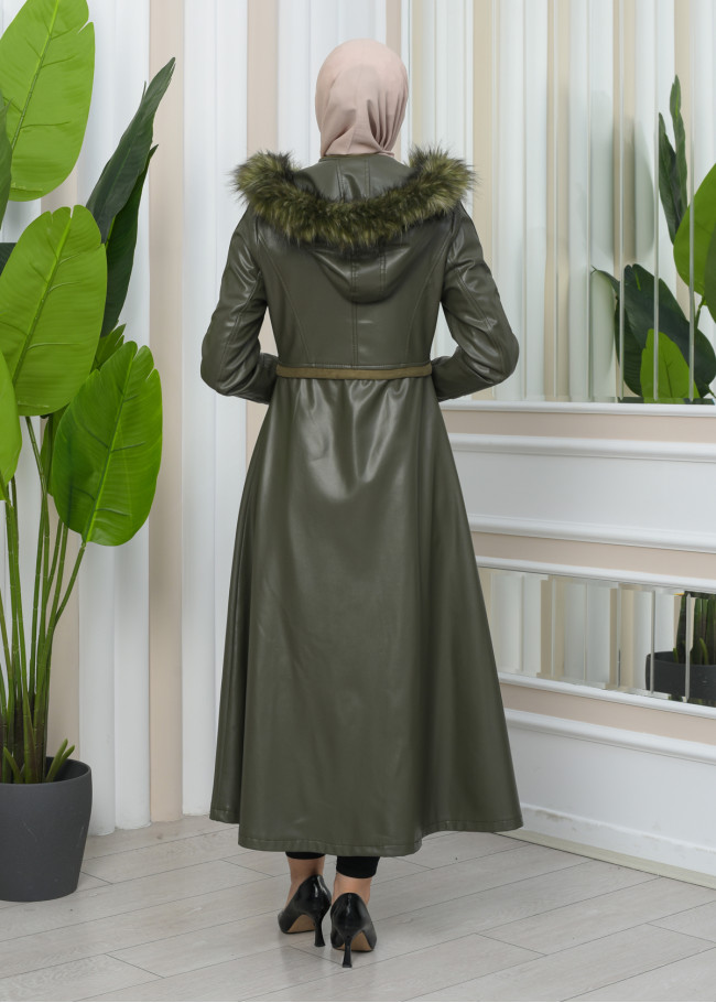 Furry Hooded Faux Leather Short Trench Coat with Tunnel Waist 1344 Haki