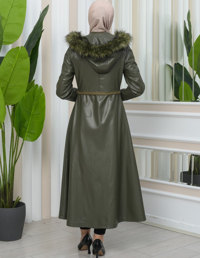 Furry Hooded Faux Leather Short Trench Coat with Tunnel Waist 1344 Haki