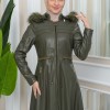 Furry Hooded Faux Leather Short Trench Coat with Tunnel Waist 1344 Haki