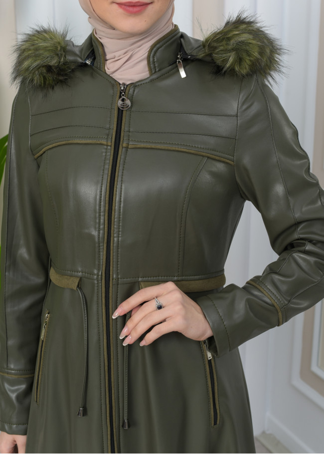 Furry Hooded Faux Leather Short Trench Coat with Tunnel Waist 1344 Haki