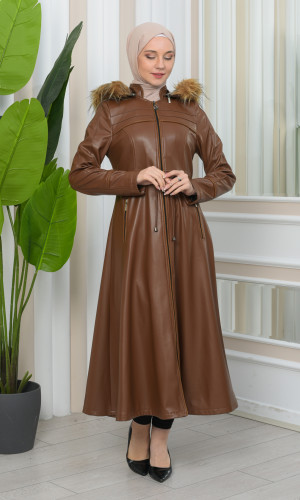 ترانشكوت جلد نسائي قصير مع طاقية فرو 1344 - ترابي