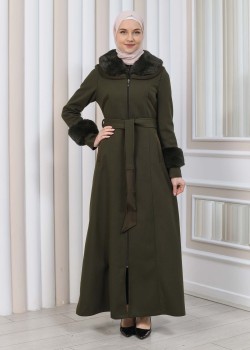 مانطو شاموا نسائي شتوي مع كابيشون فرو 1353 - زيتي