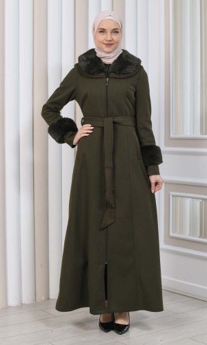 FURRY HOODED ZIPPERED OVERSIZED SUEDE TOPCOAT 1353 - Khaki