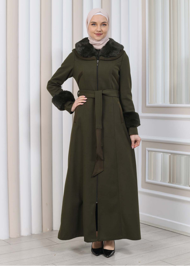 مانطو شاموا نسائي شتوي مع كابيشون فرو 1353 Haki