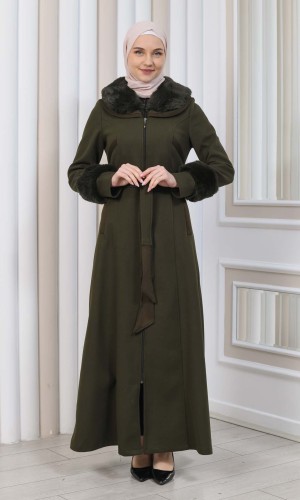 FURRY HOODED ZIPPERED OVERSIZED SUEDE TOPCOAT 1353 - Khaki