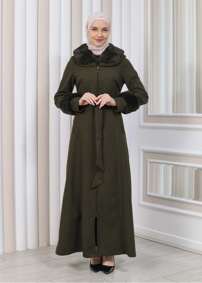 مانطو شاموا نسائي شتوي مع كابيشون فرو 1353 Haki