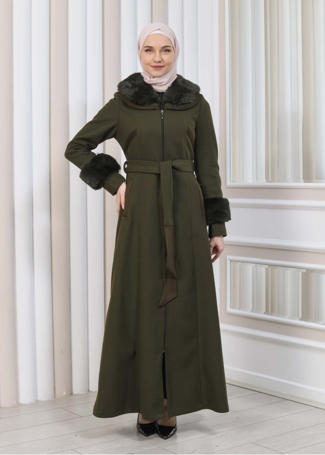 مانطو شاموا نسائي شتوي مع كابيشون فرو 1353 Haki