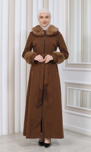 مانطو شاموا نسائي شتوي مع كابيشون فرو 1353 - بني