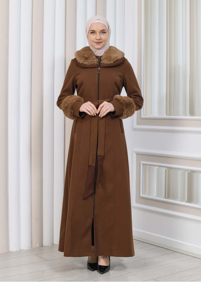 مانطو شاموا نسائي شتوي مع كابيشون فرو 1353 Kahverengi