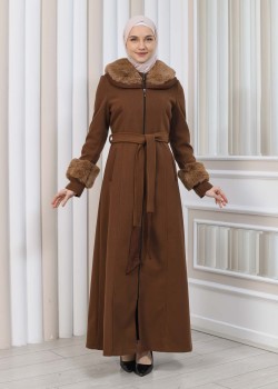 مانطو شاموا نسائي شتوي مع كابيشون فرو 1353 - بني