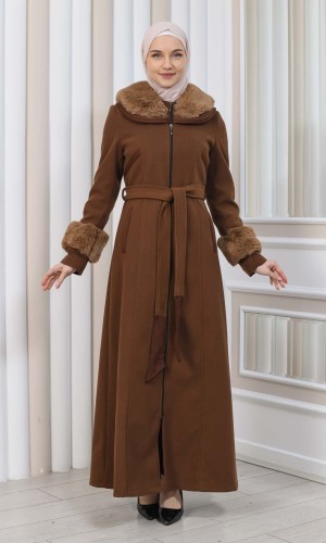 مانطو شاموا نسائي شتوي مع كابيشون فرو 1353 - بني
