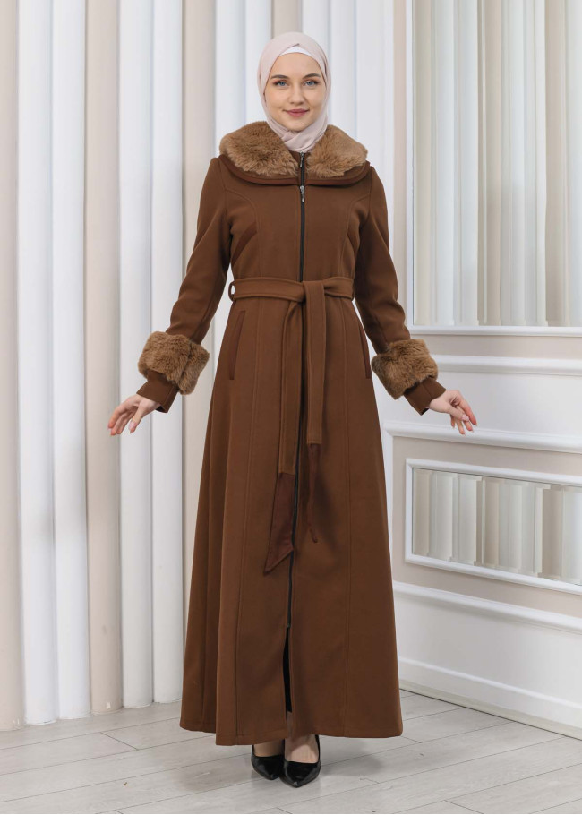 مانطو شاموا نسائي شتوي مع كابيشون فرو 1353 Kahverengi