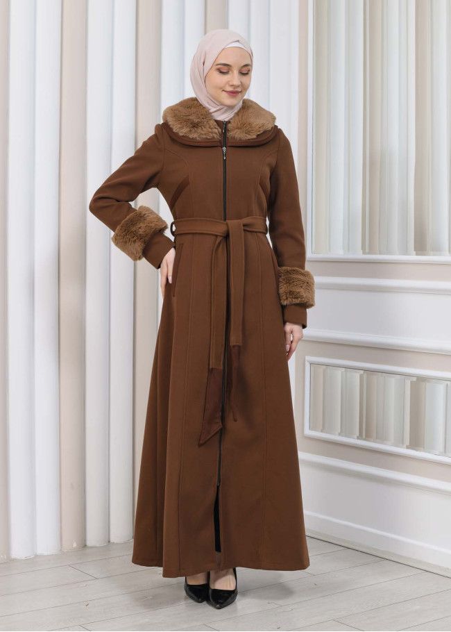 مانطو شاموا نسائي شتوي مع كابيشون فرو 1353 Kahverengi