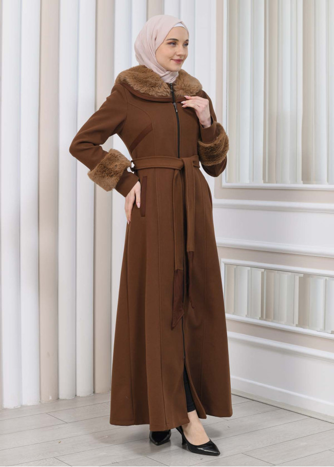 مانطو شاموا نسائي شتوي مع كابيشون فرو 1353 Kahverengi