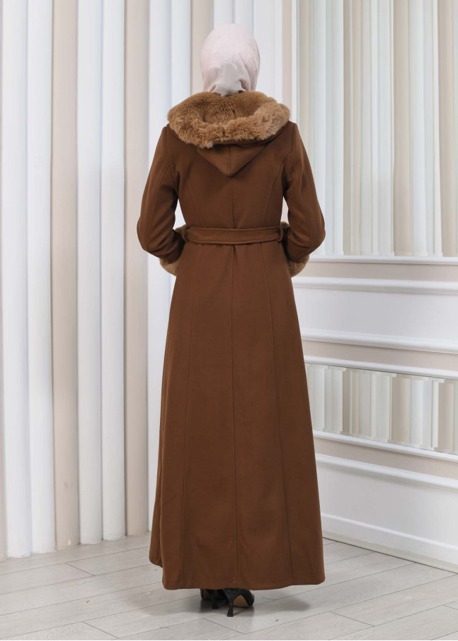 مانطو شاموا نسائي شتوي مع كابيشون فرو 1353 Kahverengi