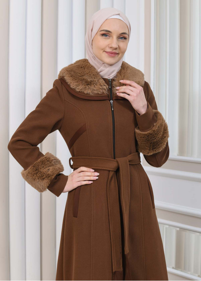 مانطو شاموا نسائي شتوي مع كابيشون فرو 1353 Kahverengi