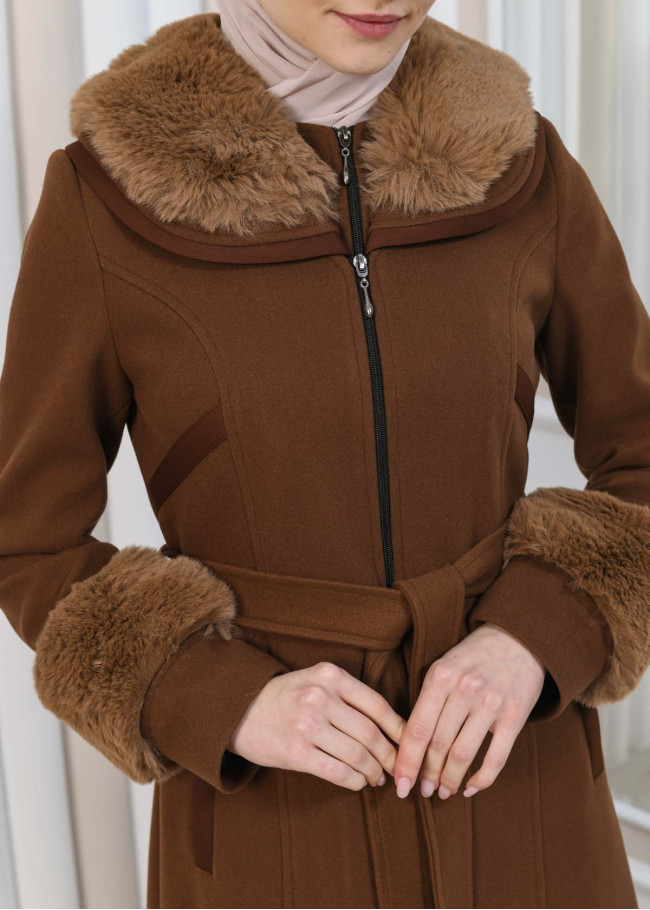 مانطو شاموا نسائي شتوي مع كابيشون فرو 1353 Kahverengi