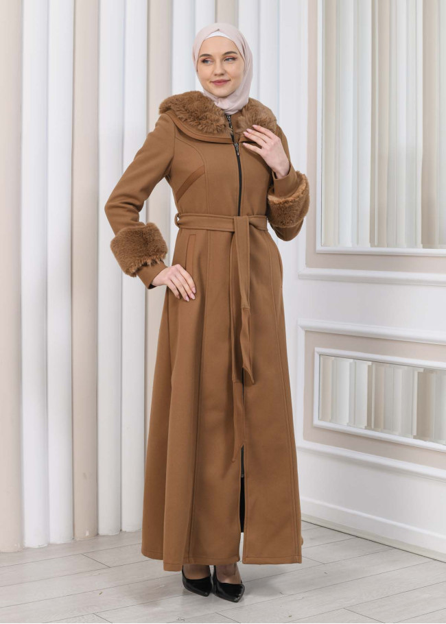 FURRY HOODED ZIPPERED OVERSIZED SUEDE TOPCOAT 1353 taba