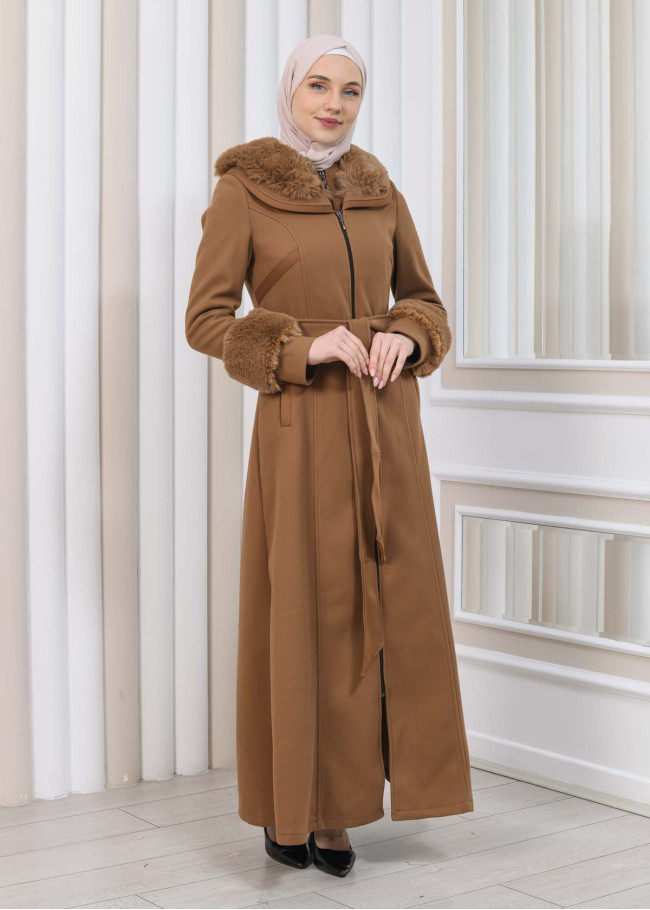 FURRY HOODED ZIPPERED OVERSIZED SUEDE TOPCOAT 1353 taba