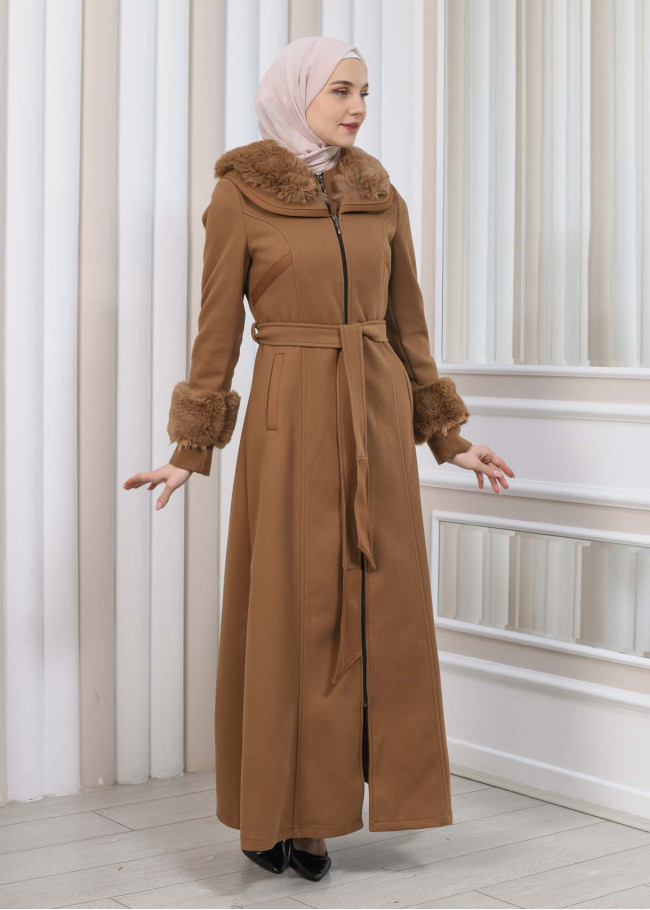FURRY HOODED ZIPPERED OVERSIZED SUEDE TOPCOAT 1353 taba