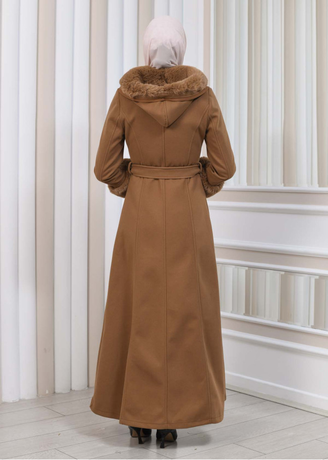 FURRY HOODED ZIPPERED OVERSIZED SUEDE TOPCOAT 1353 taba