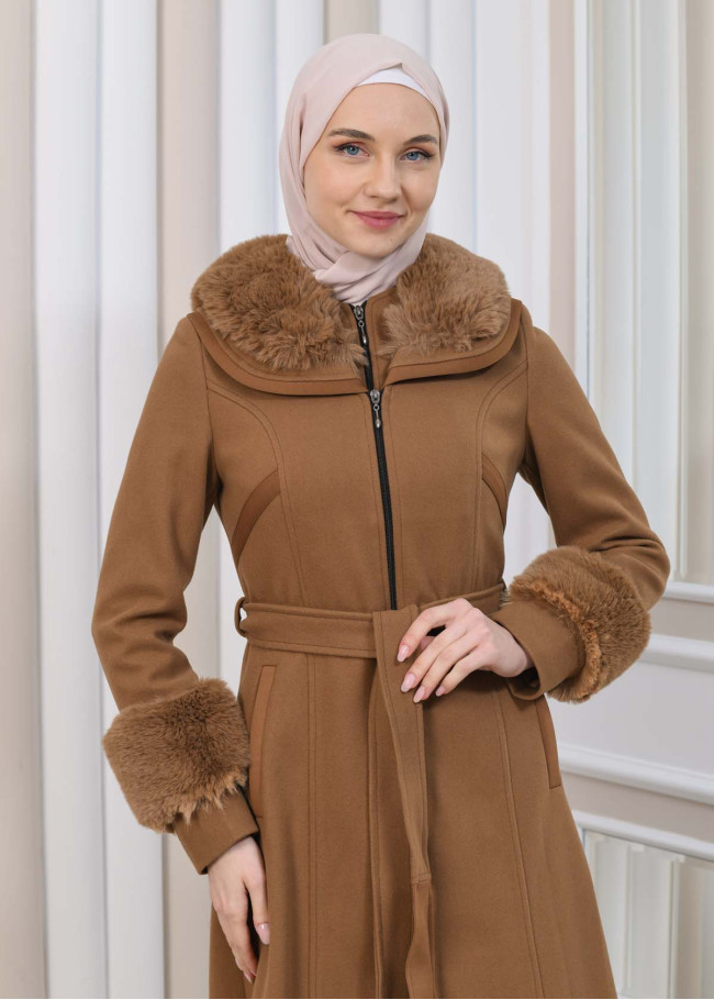 FURRY HOODED ZIPPERED OVERSIZED SUEDE TOPCOAT 1353 taba