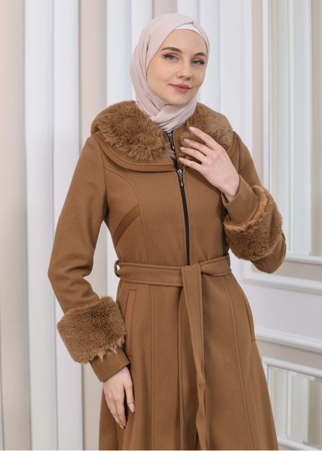 FURRY HOODED ZIPPERED OVERSIZED SUEDE TOPCOAT 1353 taba