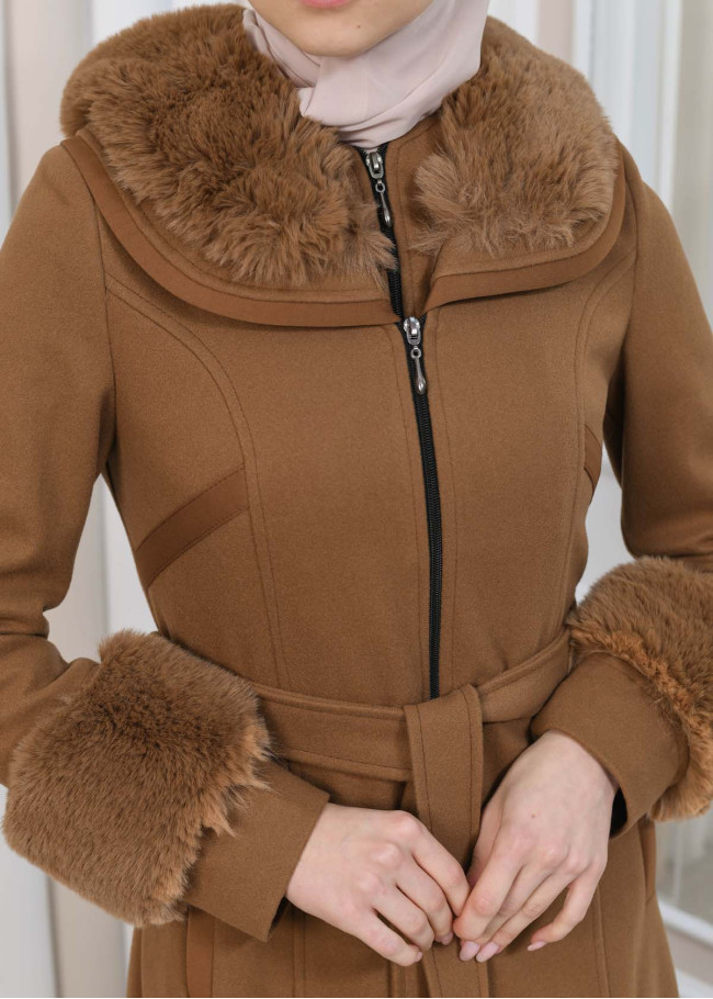 FURRY HOODED ZIPPERED OVERSIZED SUEDE TOPCOAT 1353 taba
