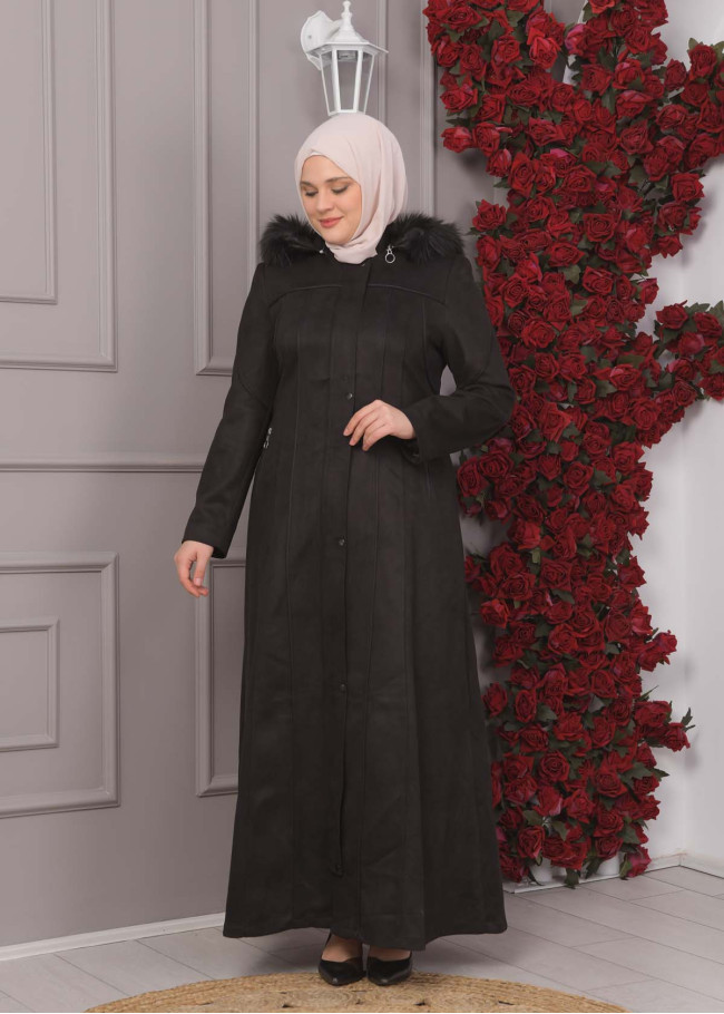 FURRY HOODED ZIPPERED OVERSIZED SUEDE TOPCOAT 1354 Siyah