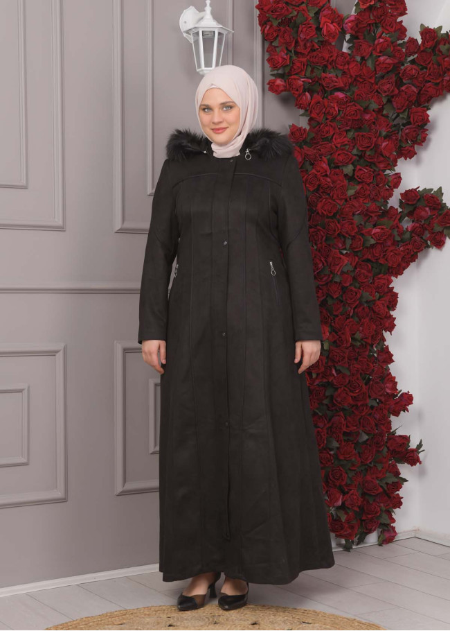 FURRY HOODED ZIPPERED OVERSIZED SUEDE TOPCOAT 1354 Siyah