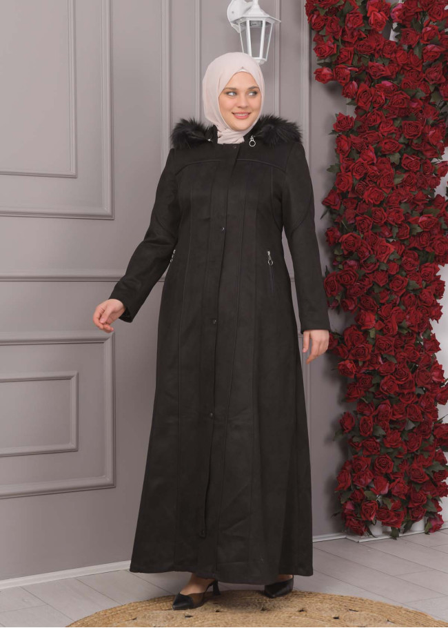 FURRY HOODED ZIPPERED OVERSIZED SUEDE TOPCOAT 1354 Siyah